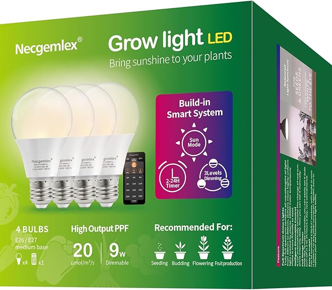 Smart LED Grow Light Bulbs with Remote Controller, Sun Simulation Mode, Built-in Auto Timer, A21/A70 E26/E27 9W Dimmable Full Spectrum Intelligent Plant Grow Bulbs for Indoor Plants, 4 Pack