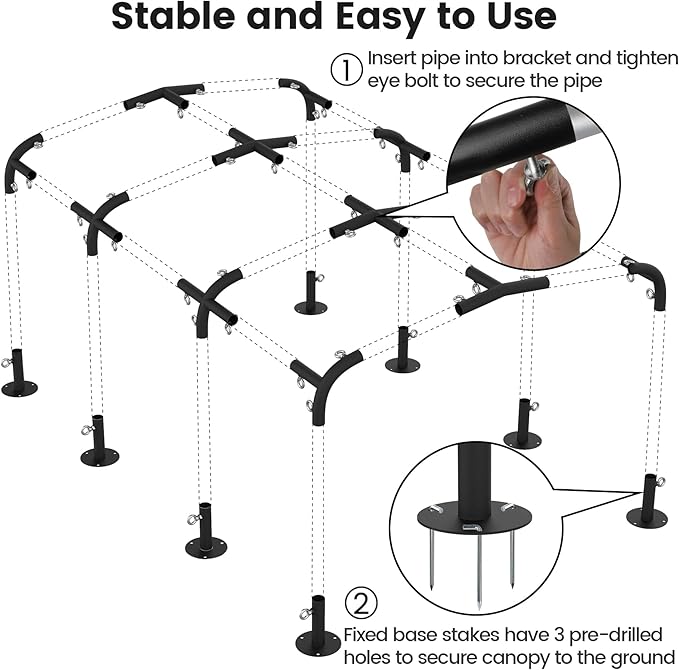 1 3/8'' Canopy Fittings for 8 Leg Carport Frame Parts, Black Canopy Pipe Fittings with Eye Bolts, Carport Frame Kit Low Peak Connectors with 156 Degree Angle(20Pcs)