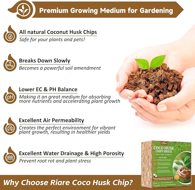 Riare 10LBS Coco Chips Substrate for Plants- 100% Organic Coconut Husk Chips with Low EC and pH Balanced, High Expansion Coconut Substrate Coco Husk Mulch for Garden Flowers, Herbs, Planting