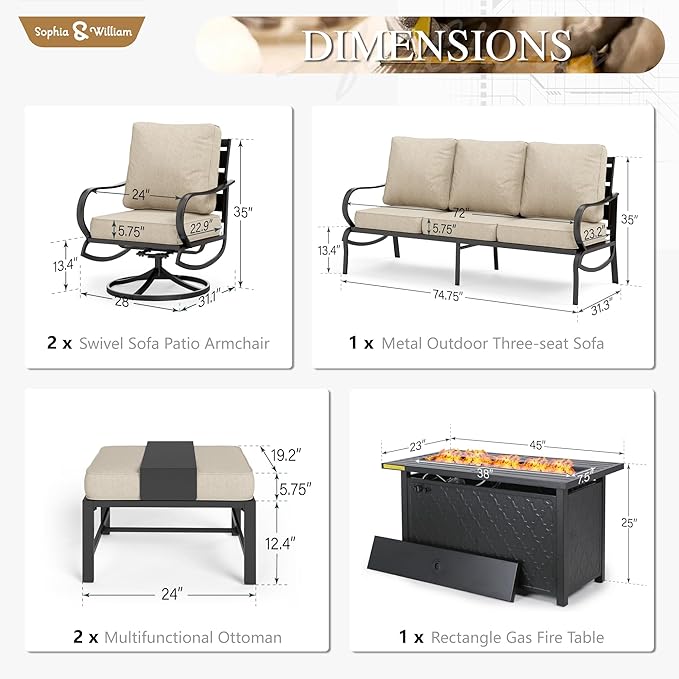Sophia & William Patio Furniture Sets for 7 with 45" Gas Fire Pit Table Outdoor Conversation Sets 6 Pcs, 2 x Swivel Cushioned Sofa Chairs, 1x3-Seat Sofa, 2xOttomans for Backyard Poolside Beige
