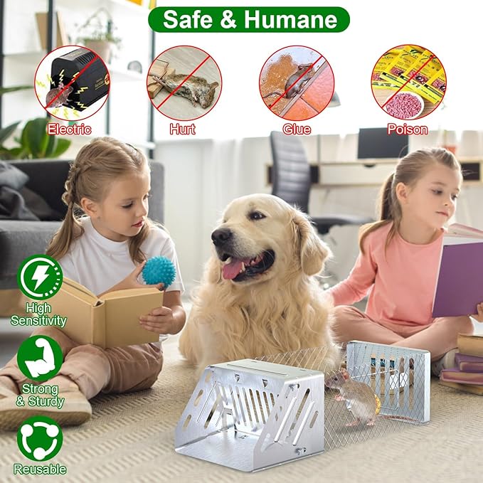 Automatic Continuous Humane Rat Trap, Single Door Metal Mouse Cage Traps and Other Small Live Animals Cage, Easy to Catch and Release, Work for Indoor Outdoor