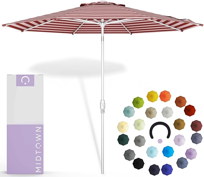 Midtown Umbrellas The Swilt 8 Feet Patio Umbrella in Terylast Red Stripes (Red/White) Polyester Fabric - Fiberglass Ribs, Auto-Tilt Aluminum Frame For Backyard, Deck, Garden, Pool - White Pole