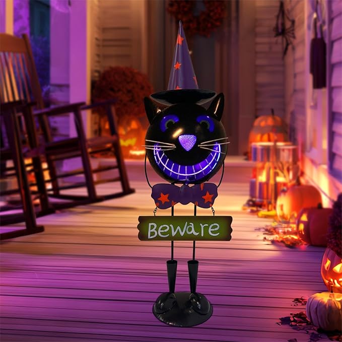 Halloween Decorations Outdoor Solar Lights- Metal Black Cat Statues with Witch Hat, 24 Inch Spooky Cat Figurine with Color Change LED Lights