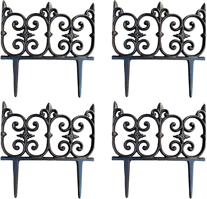 Ornate Cast Iron Garden Edging Fence（10.5" Tall） - 4 Pack Heavy Duty Metal Border for Lawn, Patio & Landscaping HC8308