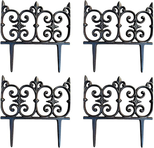 Ornate Cast Iron Garden Edging Fence（10.5" Tall） - 4 Pack Heavy Duty Metal Border for Lawn, Patio & Landscaping HC8308