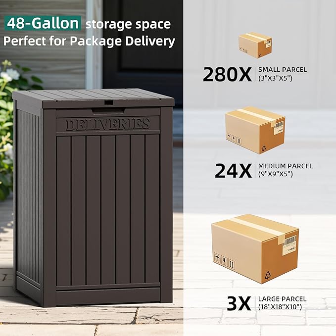 48 Gallon Outdoor Storage Box, Package Delivery Box for Outside with Lockable Secure, Resin Outside Storage Box Waterproof Deck Box for Patio & Pool, Brown