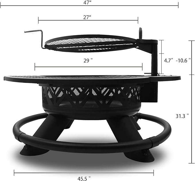 Red Mountain Valley 47" Outdoor Fire Pit with Adjustable Grill, 2-in-1 Outdoor Large Wood Burning Firepit Bowl, Bonfire Patio Fire Pits with Cooking grates, Metal Round Table for Backyard