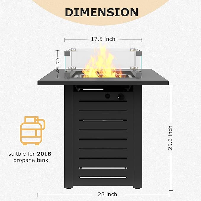MBY 28'' Propane Fire Pit Table, 50,000 BTU Steel Gas Firepit for Outdoor Patio Deck and Garden, CSA Certified Fire Pit with Lid, Waterproof Cover, Glass Wind Guard and Lava Rock, Black