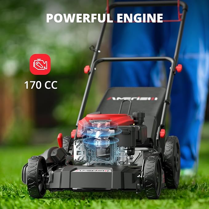 21-Inch 3-in-1 Gas Lawn Mower, Self Propelled with 170cc 4-Stroke Engine, 6-Position Adjustable Cutting Height, Side Discharge, Mulching & Rear Bag, High-Wheel Push Mower for Yard & Garden