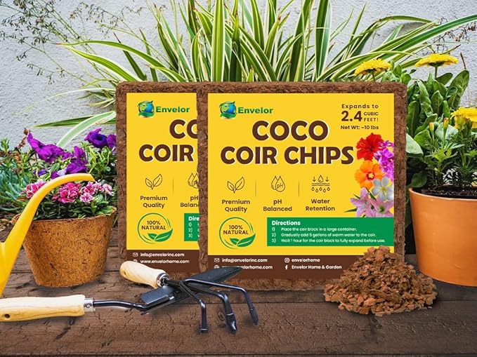 Coco Coir Husk Chips 2-Pack – 2.4 Cu. Ft. Compressed Coconut Coir Bricks, 10 lb. Natural Substrate for Indoor & Outdoor Use, Orchid Bark Alternative, Orchid Potting Mix, Indoor Plant Soil