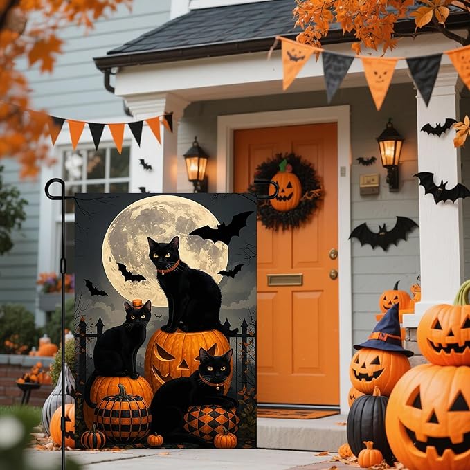 IVN Spooky Halloween Garden Flag 12x18 Inch Double Sided Black Cat Witch Pumpkin Jack O’ Lantern Gothic Outdoor Fall Yard Flag for Outside Home Front Door Lawn Porch Patio Welcome Decor
