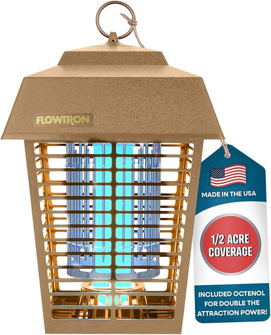 Flowtron Electric Bug Zapper 1/2 Acre Outdoor Insect Control with Dual Lure Method, 15W UV Light & Octenol Attractant for Fly & Mosquito, 5600V Kill Grid, Made in USA, UL Certified - Tan Color