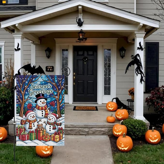 Fokongna Winter Hello Snowman Garden Flag, Season's Greetings Merry Christmas Garden Flag, 12x18 Inch Burlap Vertical Double Sided Flags, for Home Yard Outside Decorations