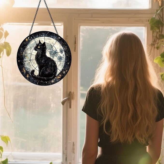Black Cat Sun Catcher - Black Cat Full Moon Acrylic Suncatcher Rainbow Maker Stained Acrylic Window Hanging Ornament Indoor Outdoor Decoration Home Garden Decor Chain Pendant Memorial Gifts
