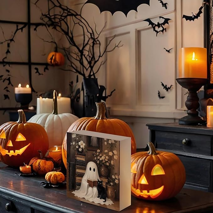 Mtrgdn Cute Halloween Decor,Halloween Decorations Indoor,Ghost with Black Cat Desk Decor Wooden Box Sign,Halloween Home Office Kitchen Bathroom Bedroom Coffee Bar Table Shelf Wall Decorations,5x5 Inch