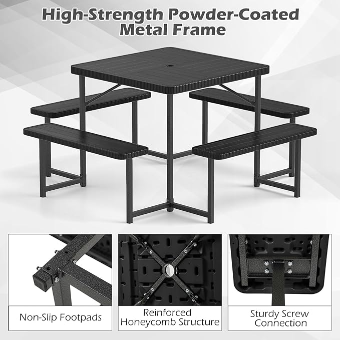 Tangkula 8 Person Picnic Table, HDPE Outdoor Square Table and Bench Set with 4 Built-in Benches, Umbrella Hole, Metal Frame for Garden Yard Patio Lawn