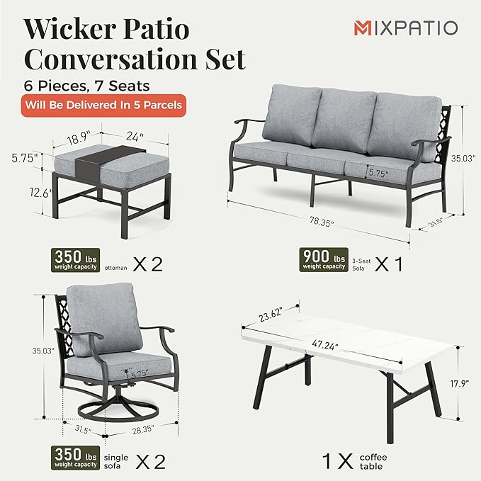 Patio Furniture Set 6 pcs, Outdoor Patio Furniture, 3-Seat Sofa, 2 Swivel Chairs, 2 Ottomans, Coffee Table and 5.75" Extra Thick Cushion, Patio Conversation Set for Garden Backyard Deck,Grey