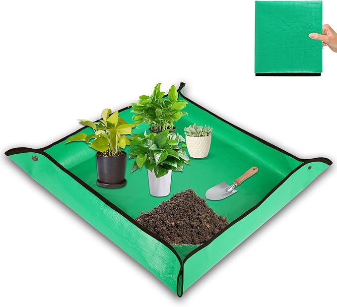 HKZ Repotting Mat for Indoor Plant - 26'' x 26'' Planting Mat Soil Mess Control, Portable Succulent Planting Potting Tray Waterproof Gardening Transplanting Bonsai Tools(Pale Green)