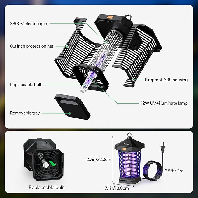 Buzbug LED Bug Zapper Outdoor and Lighting, 10 Years Lifespan, IPX4 Waterproof, 3800V High-Voltage, Fireproof Shell, 6.5ft Power Cord, Fruit Fly Mosquito Moth Gnat Wasp Zapper, Trap, Killer -MA20