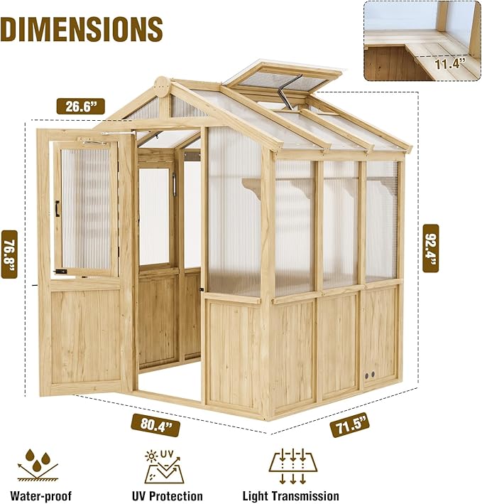 EAGLE PEAK 6.7x6x7.7 ft Wood and Polycarbonate Walk-in Greenhouse, Cedar Hobby Green House with Roof Vent, Natural