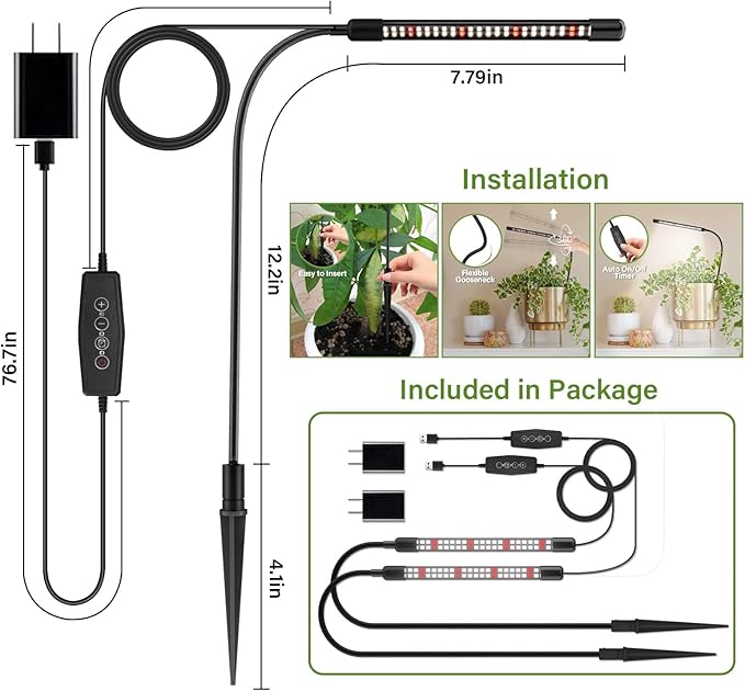 Grow Lights for Indoor Plants, 6000K Full Spectrum Plant Growth Light, Plant Lights for Indoor Growing with 5 Level Dimmable & Auto Timer, Adjustable Gooseneck Grow Lamp, 1 Pack