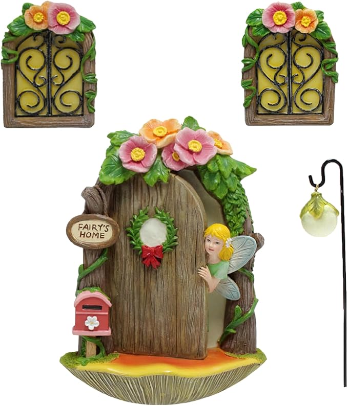 Fairy Door and Windows Garden Kit Accessories Outdoor, Glow in Dark Gnome House for Tree, Lawn Yard Art Sculpture, Miniature Garden Decor (Fairy)