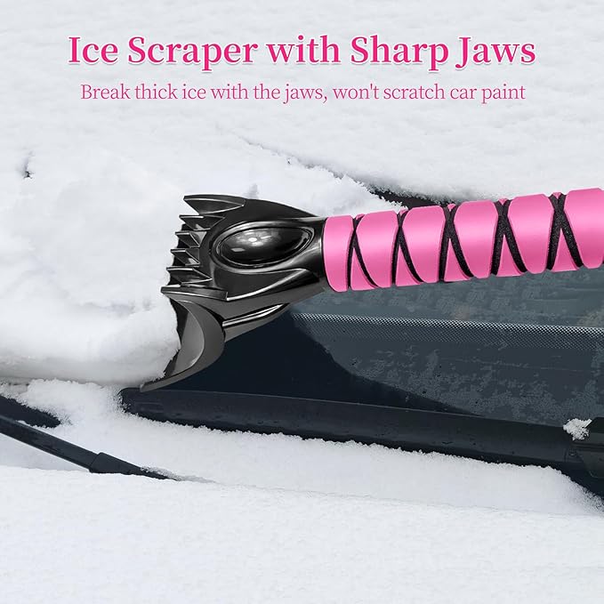 HEEYA 51 Inch Snow Brush for Trucks, Extendable Long Handle Ice Scraper with Brush with Foam Grip, SUV Heavy Duty Snow Brush with Ice Scraper for Car Auto Jeep RV Vehicle Windshield Window - Pink