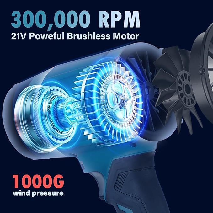 Cordless Leaf Blower Portable Dust Cleaner 21V Handheld Turbo Jet Blower 300000 RPM Compressed Air Duster for Patio Cleaning Lawn Care Drying Camping Blowing Leaves & Snow w/ 2 Batteries, Blue