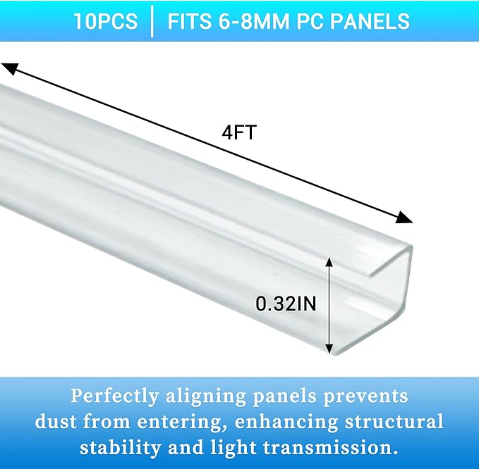 10 PCS Polycarbonate Greenhouse U Connector Profile 4ft Length Fits 0.24’’ & 0.32’’ Twin-Wall Polycarbonate Panels Duty Dust Rain & Moisture Protection Durabler (U-Clip 4' × 0.71’’ × 0.32’’)