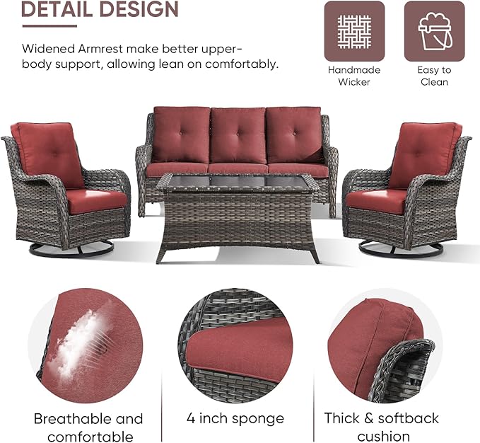 Patio Furniture 4 Piece Set, All-Weather PE Wicker Outdoor Set with Coffee Table, Swivel Rocker Chairs and Sofa, Grey/Green