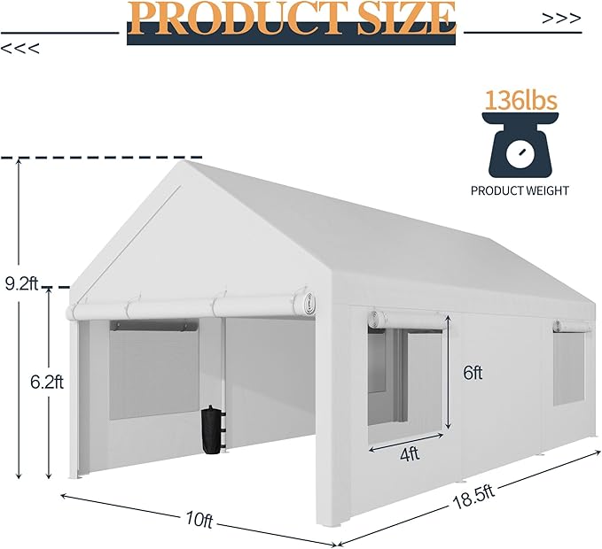 Shintenchi Carport 10' x 20' Heavy Duty Portable Garage, Car Port Canopy with Side-Opening Removable Door & Roll-Up Windows, Car Canopy for Truck,Car,Boat,Motorcycle,White