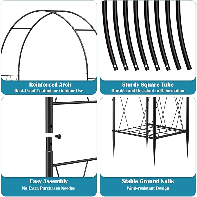 8.2 Ft Garden Arch Trellis for Climbing Plants Outdoor, Wedding Arch Frame for Ceremony Garden Arbors and Arches with 2 Planter Boxes, Metal Arch Backdrop Stand for Party Halloween Archway, Black