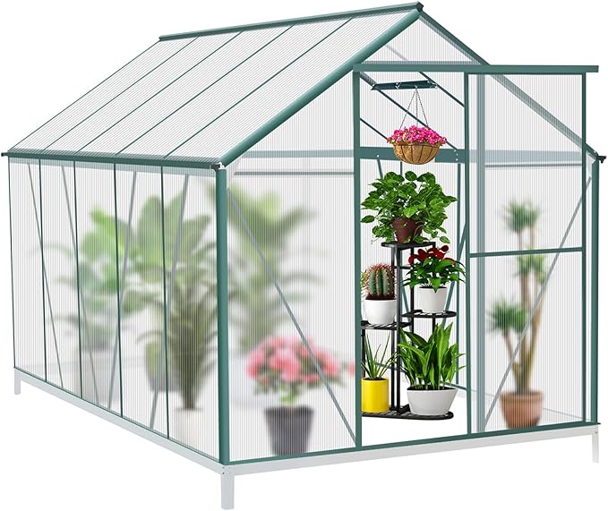 Polycarbonate Greenhouse Kit, 10x6 FT Heavy Duty Outdoors Durable Green House with Double Vent Window Lockable Door, Twin-Wall Panels, Walk in Green Houses for Backyard Outside Garden