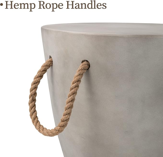 COSIEST Set of 2 Outdoor Cup Shaped Side Table, Concrete Side Table w Hemp Rope Handles,17''Patio Side Tables End Table, Outdoor Accent Table for Garden and Patio, Grey