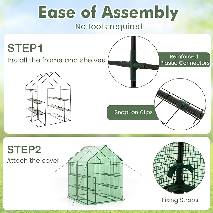 Happygrill Walk-in Greenhouse, Portable Greenhouses for Outdoors w/8 Shelves, Roll-Up Zippered Door, 2 Observation Windows & 2 Tiers, Weather-Proof PE Cover, Wind Rope Included, 57”L x 57”W x 77”H
