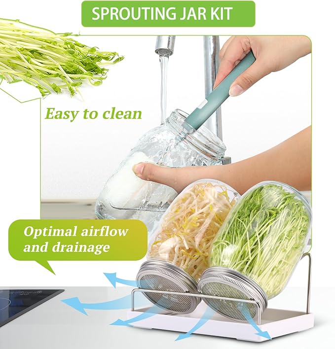 Premium Sprouting Jar Kit 2Pcs Large Wide Mouth Mason Jars With Screen Sprout Lid,Sprouting Jar Stand,Tray,Blackout Sleeves,-Seed Sprouting Kit For Growing Mung beans,Broccoli