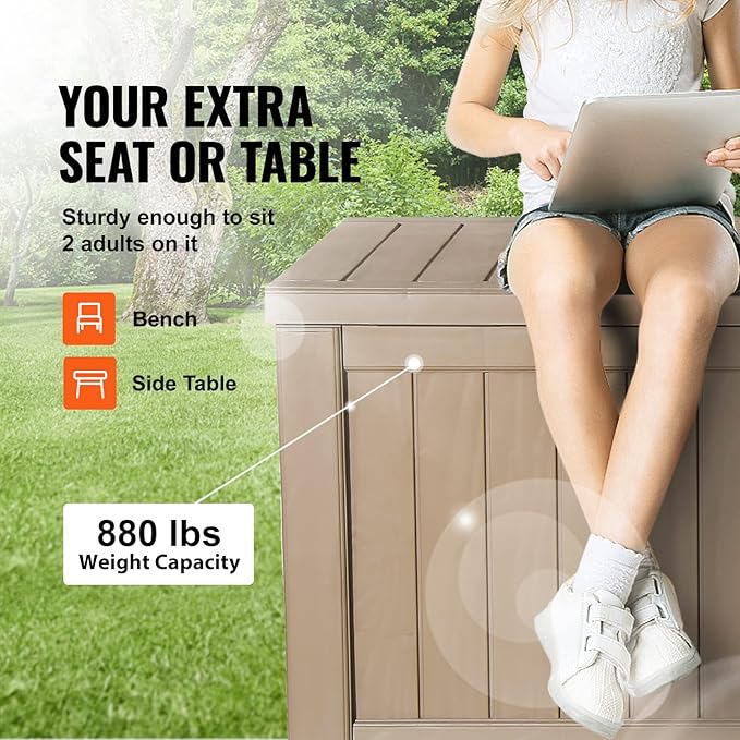 VEVOR Deck Box, 120 Gallon Outdoor Storage Box, 56.3" x 26.6" x 23.8", Waterproof PP Deckbox with Aluminum Alloy Padlock, for Patio Furniture,Garden Tools, Outdoor Cushions, Gray