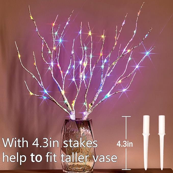 Fudios Lighted Birch Branches with 70 Multicolor LED Fairy Lights 18in Battery Operated, Lit White Twig Branches Color Changing Lights for Christmas Party Decoration