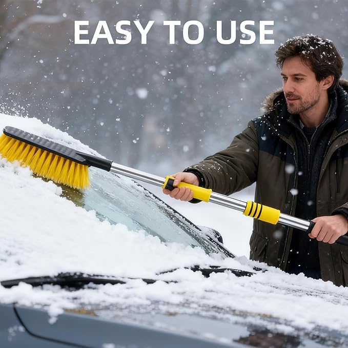Telescoping Car Snow Brush & Ice Scraper - Detachable Handle, Extra Wide Bristles, Foam Grip - Portable Vehicle Snow Tool