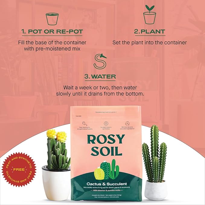 Rosy Soil Cactus and Succulent Potting Soil Mix (4 qts) + Indoor Potting Soil (8 qts) - Peat Free House Plant Soil - Potting Soil Mix for Indoor Plants