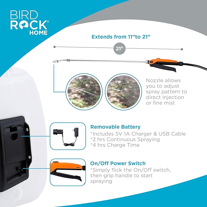 BIRDROCK HOME 4-Gallon Battery-Powered Garden Sprayer - Adjustable Stainless Steel Wand, Lightweight, Rechargeable 12V Lithium Battery, Ideal for Lawn, Garden, and Outdoor Spaces