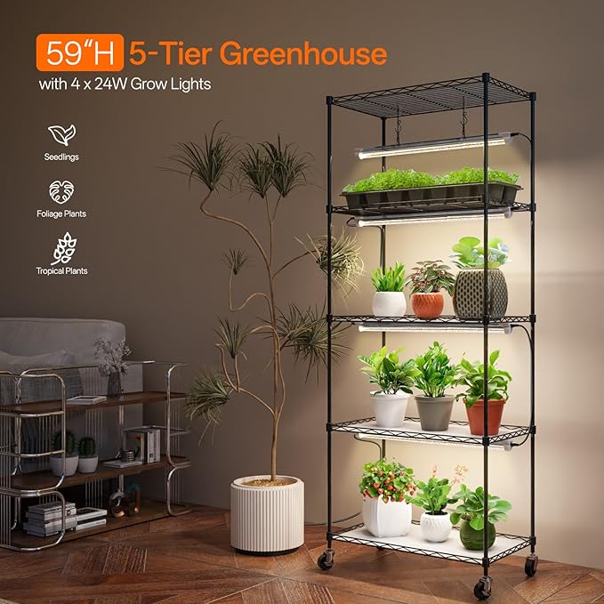 Plant Shelf with Grow Light with Timer, Metal Plant Stand with Adjustable Rack and Wheels, 4 Pack T8 Full Spectrum Grow Light Strip for Indoor Plants, Seed Starting, Seed Tray, 23.5"x13.8"x59"