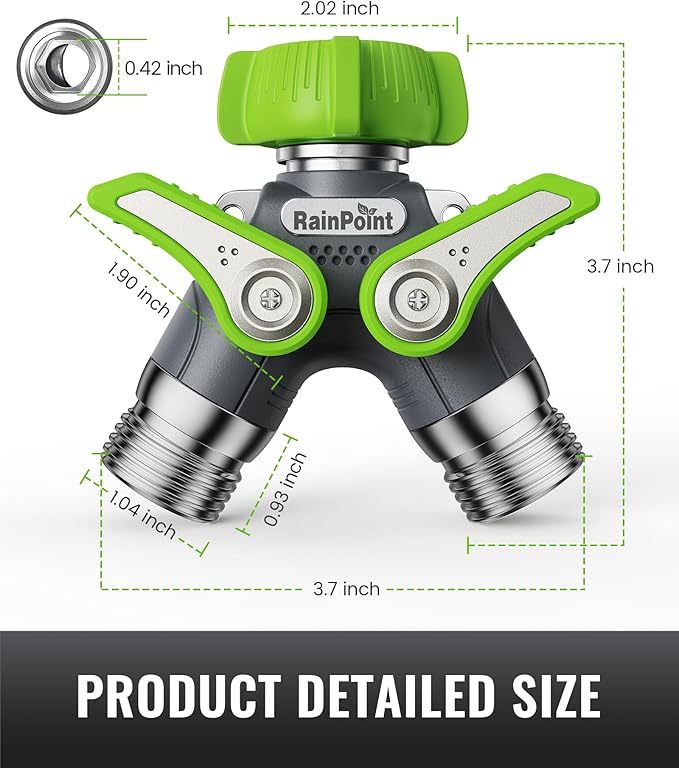 RAINPOINT Garden Hose Splitter, 2 Way Heavy Duty Water Hose Y Spigot Splitter with Shutoff Valves, 100% Metal Body Outdoor Faucet Splitter, 1.9" Extra Long Metal Handle, 3/4" GHT Thread (2, Green)