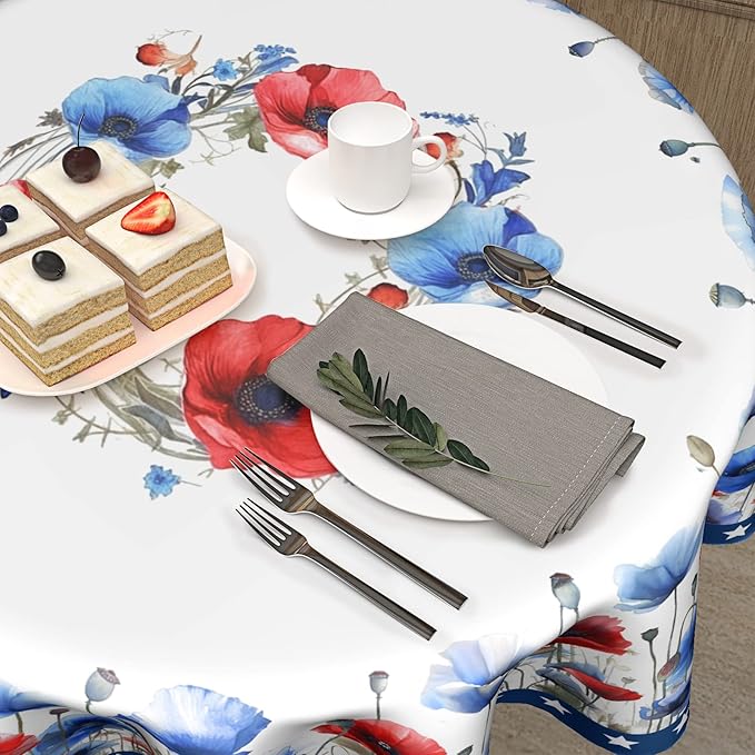 4th of July Round Tablecloth 60 Inch Patriotic Watercolor Poppy Flower Stars Kitchen Table Cloth Independence Memorial Day Heat Resistant Washable Reusable Tables Cover for Party Picnic Dinner Decor