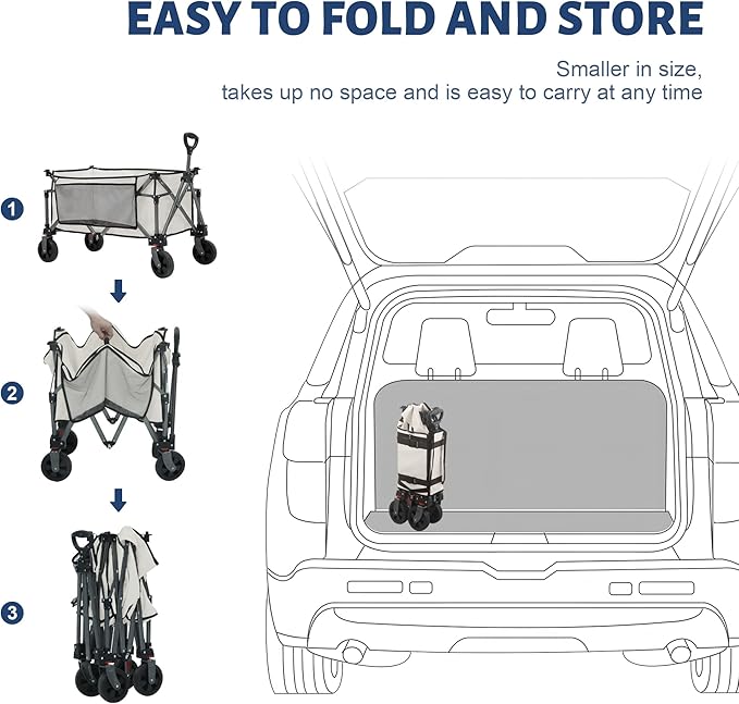 Collapsible Folding Wagon Cart, 220LBS Heavy Duty Foldable Utility Garden Cart with All Terrain Wheels & Side Storage Bag, Portable Sports Wagon for Camping, Shopping, Garden