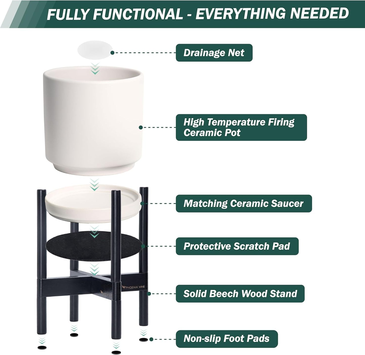 D'vine Dev Ceramic Planter with Ebony Stand - 10 Inch Modern Round Flower Pot with Wood Planter Holder, Oatmeal, 55-B-L-8