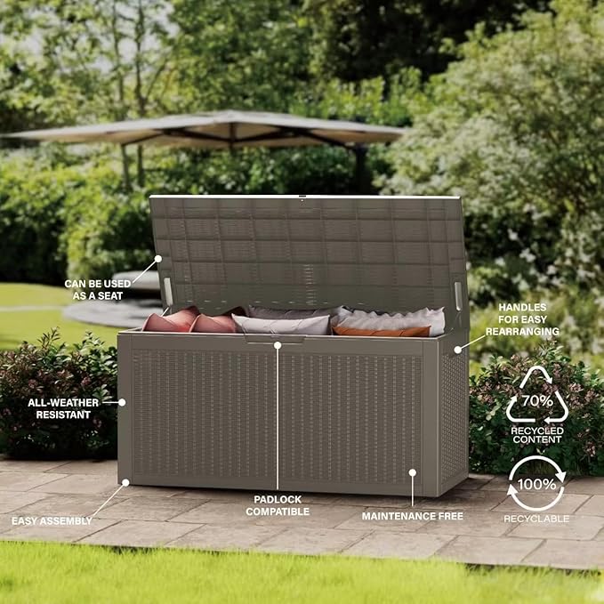 100GAL Brown Wicker - Textured Outdoor Deck Box with Lock - Waterproof, SGS - Approved UV Resistance, Aesthetic Storage for Patio Cushions and Decor, Quick and Easy to Set Up
