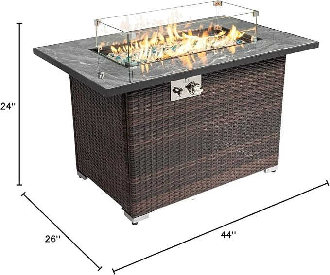 44in Outdoor Propane Gas Fire Pit Table, 50,000 BTU Auto-Ignition Gas Firepit with Glass Wind Guard, Marble Tile Tabletop, Mixed Color Glass Rocks, Brown PE Rattan…