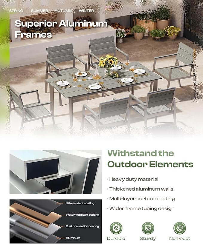 Outdoor Dining Set for 4, Patio Table and Chairs Set with Umbrella Hole, 5 Pieces HDPS Outdoor Furniture Sets for Patio, Garden, Backyard （Silver & Gray）