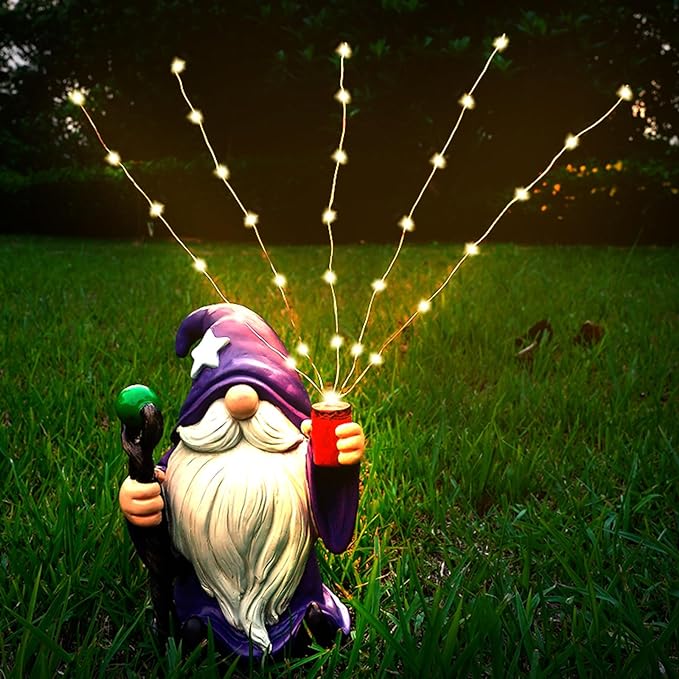 Resin Gnome Statue Outdoor Decor Waterproof Firework Solar LED Lights Gnomes Garden Sculpture Decorations for Outside Lawn Patio Yard Ornament Gifts (Gnome)